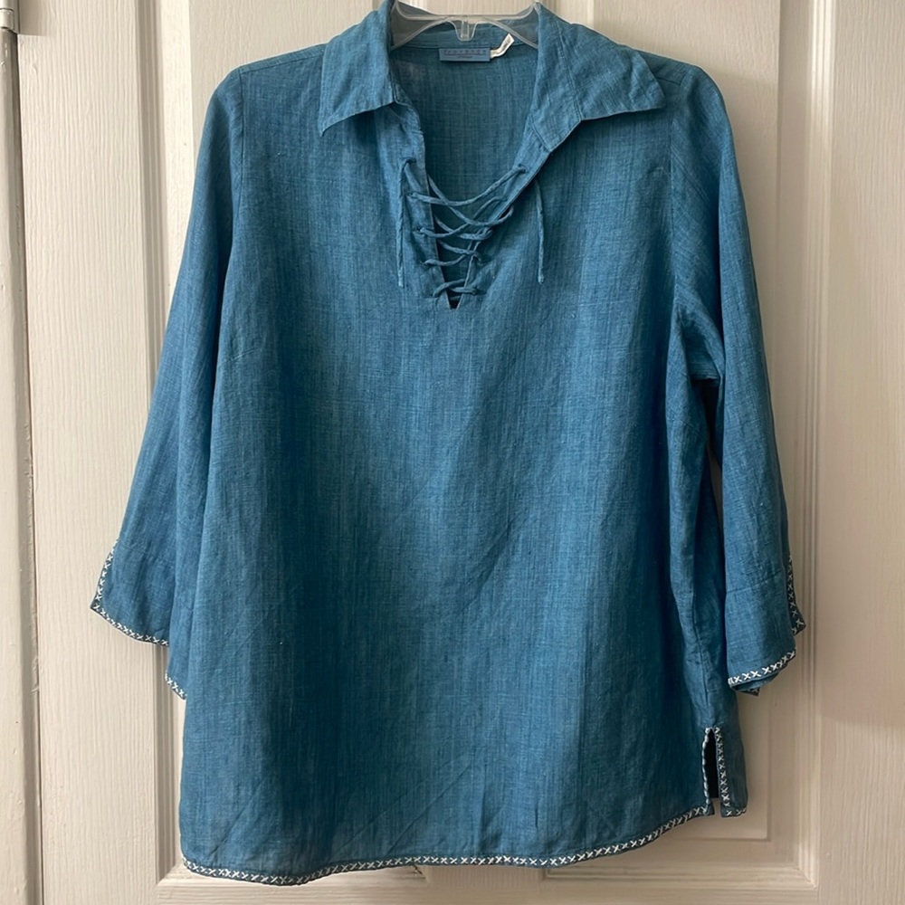 Blue 100% cotton linen  Lace-Up split sleeve top size large